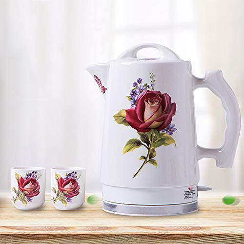 Ceramic Electric Tea Kettle, 1.7L Large Capacity Teapot, with Rose Flower Pattern, Automatic Power Off, 1350W Fast Boiling, for Tea Coffee, with Safty Heating Base + Lid + 2 Cups