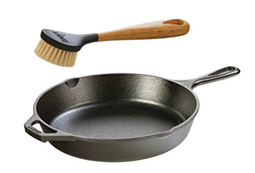 Lodge Seasoned Cast Iron Skillet with Scrub Brush- 10.25 inches Cast Iron Frying Pan With 10 inch Bristle Brush