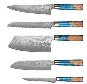 5 piece Damascus kitchen knife set with Blue Resin Wood Handle - w/Gift Box - w/knife Sheath