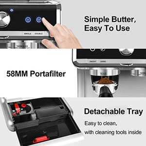 Espresso Machine With Grinder & Steam Wand, Bonsenkitchen Professional 15 Bar All in One Espresso Coffee Maker Machine for Home Espresso, Cappuccino and Latte, Stainless Steel Body
