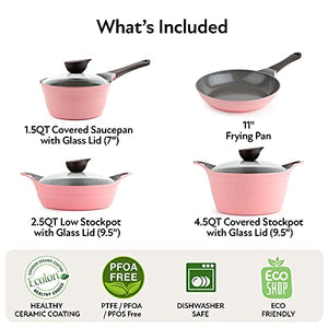 Neoflam Eela 7pc Ceramic Coated Nonstick Cookware Pots&Pan Set with Saucepan, Frying Pan, Casserole Stockpot, Glass Lids, Silicone Hot Handle Holder Included, 7-Piece