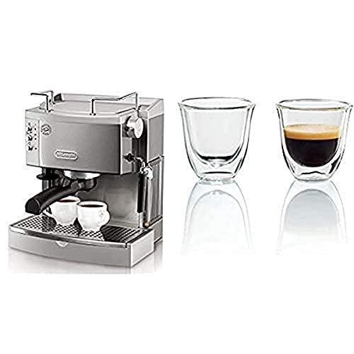 De'Longhi 15 bar Pump Espresso Maker, EC702, Metal & DeLonghi Double Walled Thermo Espresso Glasses, Set of 2, Regular, Clear