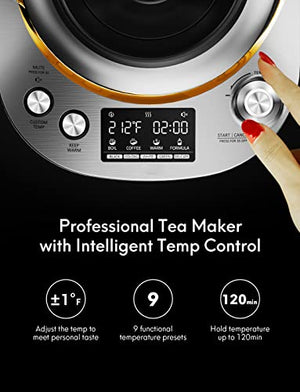 Electric tea kettle 1.7L glass teapot, Smart tea maker with level temperature control, 100% stainless steel inner lid, Heat transfer unit & bottom, Auto off & Anti-boil protection Boiling, BPA free