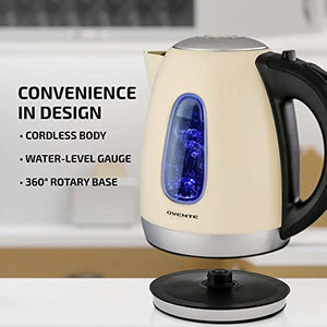 Ovente Portable Electric Hot Water Kettle 1.7 Liter Stainless Steel 1100 Watt Power Fast Heating Element Countertop Tea Maker Boiler Heater with Automatic Shut-Off & Boil Dry Protection Beige KS96BG