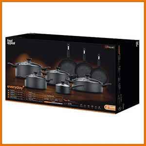 Food Appeal Pots and Pans Cookware Everyday Plus Set - 13 Pcs. Non-Stick Triple Stone Surface - High Quality Durable Scratch Resistant - Suitable for Gas Electric Ceramic and Induction Hobs - Black