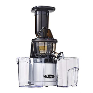 Omega MegaMouth Vertical Low Speed Quiet Juicer with Smart Cap Spout Tap, 240-Watt, Silver