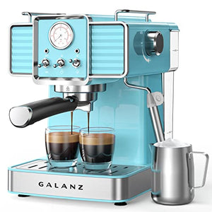 Galanz Retro Espresso Machine with Milk Frother, 15 Bar Pump Professional Cappuccino and Latte Machine, 1.5L Removable Water Tank, Retro Blue, 1350 W