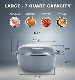 Enameled 2 in 1 Double Dutch Oven and Domed Skillet Lid, 7 Quart Grey