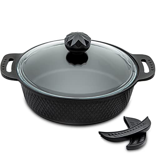 AMBOSS 11 Inch Everyday Pan with Lid – Oven Safe 4.75 QT All Purpose Pan Titanium and Diamond Non Stick Coating Chef Pan Include Silicone Handle Covers – No PFOA or PTFE – Black