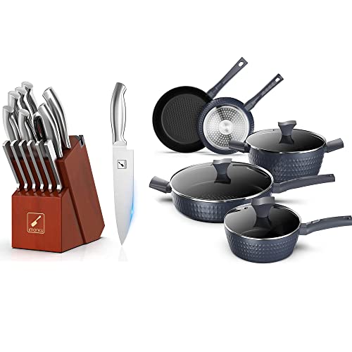 imarku Kitchen Knives Set with Block High Carbon German Steel Knife Set and 8-Piece Diamond Surface Pots and Pans Set Nonstick Kitchen Cookware Sets