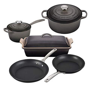 Le Creuset 8 Piece Multi-Purpose Enameled Cast Iron with SS Knobs, Stoneware, and Toughened Nonstick PRO Fry Pan Complete Cookware Set - Oyster