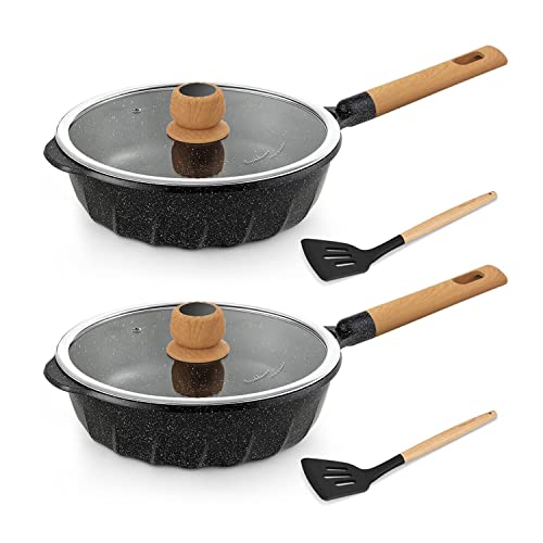 Nonstick Frying Pan Induction Sauté Pan with Lid Pack-2 - 9.5 inch&11 inch- Black