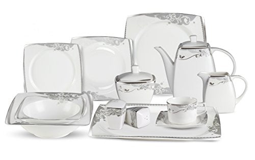 Lorenzo 57 Piece Elegant Bone China Service for 8 Belle Dinnerware Sets, Silver