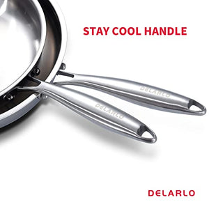 Delarlo Stainless Steel Frying Pan set, 8”/10”/12” Cooking pans, Whole body 18/10 Stainless steel Tri-Ply Cookware Set, Heats Qickly Chef's pan with Ergonomic Handles, Suitable for All Stove