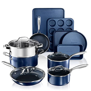 Granitestone Blue Nonstick Pots and Pans Set, 15 Piece Cookware & Bakeware Set with Ultra Nonstick PFOA Free Coating–Includes Frying Pans, Saucepans, Stock Pots, Steamers, Cookie Sheets & Baking Pans