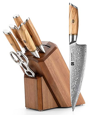 XINZUO 8Pcs Knife Block Sets-73 Layer Damascus Powder Steel Professional Kitchen Chef Knife Set -Olive Wood Handle -with Acacia Wood Block Multifunctional Kitchen Scissors and Diamond Honing Steel