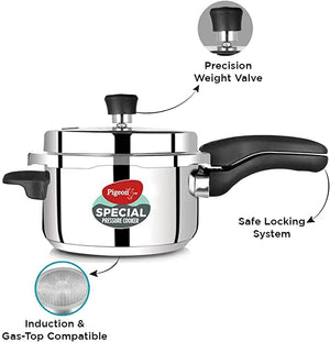 Pigeon Pressure Cooker Set 2 + 3 + 5 Quart - Stainless Steel - Induction Base Outer Lid - Cook delicious food in less time: soups, rice, legumes, and more - 3 Piece Set Silver