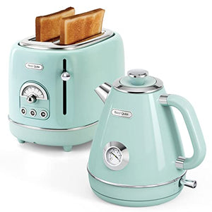 Hazel Quinn Kettle and Toaster Set Retro Style Stainless Steel, BPA Free, Dial Thermometer, Auto Shut-Off, 1.7 L & 2-Slice Toaster Six Browing Levels, High Lift Lever, Removal Crumb Tray, Mint Green