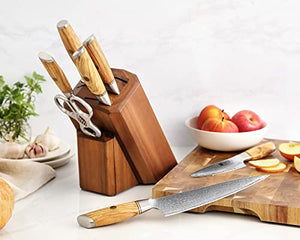 XINZUO 8Pcs Knife Block Sets-73 Layer Damascus Powder Steel Professional Kitchen Chef Knife Set -Olive Wood Handle -with Acacia Wood Block Multifunctional Kitchen Scissors and Diamond Honing Steel