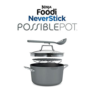 Ninja CW202GY Foodi NeverStick PossiblePot, Premium Set with 7-Quart Capacity Pot, Roasting Rack, Glass Lid & Integrated Spoon, Nonstick, Durable & Oven Safe to 500°F, Sea Salt Grey