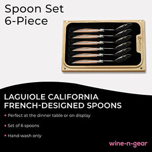 Laguiole California Spoon Set - 6 Piece Naturalwood Set - Ergonomic Handles - Stored in a California Oakwood Gift Box - Stainless Steel - Kitchen and Dinnerware