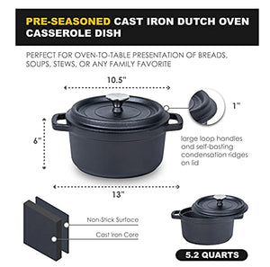 Pre-Seasoned Cast Iron Dutch Oven Pot, for Cooking, Basting, or Bread Baking - Lid and Dual Loop Handle - w/Silicone Accessories, 5.2 Quarts