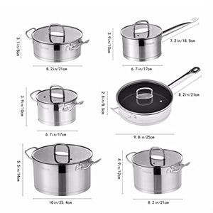 ERGUI Stainless Steel Kitchen Cookware Set 12 Piece Pan Set Nonstick Skillet Casserole with Glass Lid (Color : A, Size