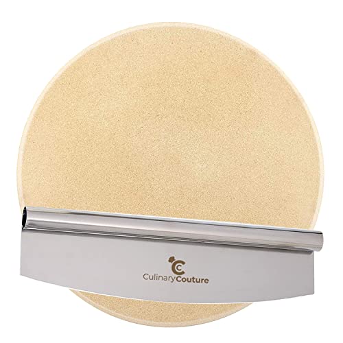 Culinary Couture Round Pizza Stone with Pizza Cutter - Kitchen Thermal Baking Stoneware Safe for Oven & Grill - For Making Bread, Calzone, Biscuits & Cookies - Durable, High Heat Retention - 16-inch