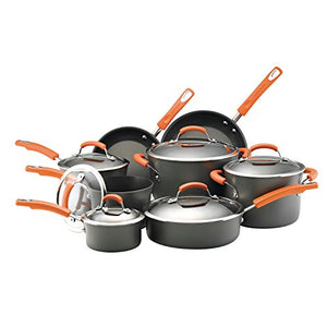 Rachael Ray Brights Hard-Anodized Nonstick Cookware Set with Glass Lids, 14-Piece Pot and Pan Set, Gray with Orange Handles & Ray Gadgets Utensil Kitchen Cooking Tools Set, 6 Piece, Orange