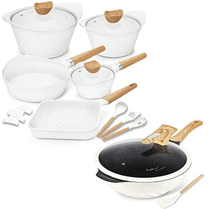 Non-stick induction cookware set -pack -15-White & 12.6inch Non-stick induction wok pan with cooking utensils - White