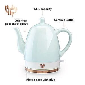 Pinky Up Noelle 1.5 L Ceramic Electric Tea Kettle, Mint, Rose Gold, Gooseneck Spout, Cordless Design