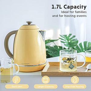 BUYDEEM K640 Stainless Steel Electric Tea Kettle with Auto Shut-Off and Boil Dry Protection, 1.7 Liter Cordless Hot Water Boiler with Swivel Base, 1440W, Mellow Yellow