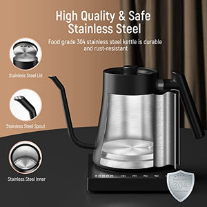 Gooseneck Electric Kettle Fabuletta Electric Kettle Temperature Control 100% Stainless Steel Inner Lid & Bottom Pour Over Coffee Kettle & Tea Kettle 1200W Quick Heating 1L Tea Pot for Family