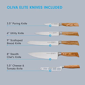 Messermeister Oliva Elite 6-Piece Magnet Block Set - Includes Chef’s, Bread, Cheese & Tomato, Utility & Paring Knife + Magnet Block