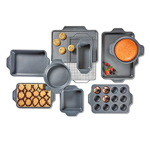 All-Clad Pro-Release Nonstick Bakeware Set Including Half, Cookie Sheet, Muffin, Cooling & Baking Rack, Round Cake, Loaf Pan, 10 piece, Gray