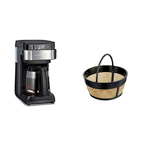 Hamilton Beach Compatible with Alexa Smart Coffee Maker, Programmable, 12 Cup Capacity, Black and Stainless Steel (49350) & Hamilton Beach Permanent Gold Tone Filter, (80675R/80675)