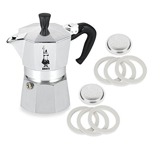 Bialetti Moka Express #06799 3-Cup Espresso Maker Machine and #06960 Bialetti, Six Replacement Gaskets and Two Bialetti Replacement Filter Plates Bundle