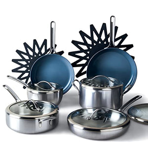 GreenPan X Food 52 Five-Two Essentials, Tri-Ply Stainless Steel 11 Piece Cookware Pots and Pans Set with Ceramic Nonstick Pans and Bonus Protectors, PFAS-Free, Multi Clad, Induction, Dishwasher Safe