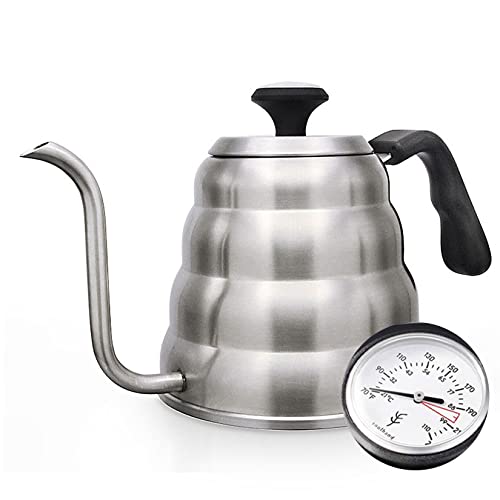 LIQIU Stainless Steel Pour Over Coffee Kettle,1.2L/40oz Silver Gooseneck Kettle,Tea Kettle with Thermometer,Thin Spout Tea & Coffee Kettle,for All Stovetops,Gas,Electric., 12×6×7