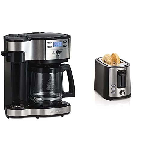 Hamilton Beach 2-Way Brewer Coffee Maker, Single-Serve and 12-Cup Pot, Stainless Steel (49980A), Carafe & 2 Slice Extra Wide Slot Toaster with Shade Selector, Toast Boost, Auto Shutoff, Black (22633)