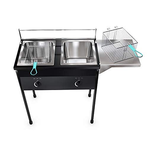 Bioexcel Taco Cart Two Tank Outdoor Deep Fryer-Compatible with Propane Gas Tanks-Regulating Nobs-Propane Deep Fryer with 2 Stainless Baskets and Steel Oil Tank