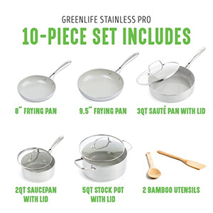 GreenLife Tri-Ply Stainless Steel Healthy Ceramic Nonstick, 10 Piece Cookware Pots and Pans Set, PFAS-Free, Multi Clad, Induction, Dishwasher Safe, Oven Safe, Silver