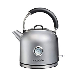 Proctor Silex Retro Electric Tea Kettle, Water Boiler & Heater, 1.7L, Cordless, Auto-Shutoff and Boil-Dry Protection, Temperature Gauge, Stainless Steel (41035)