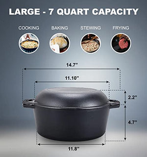 2 in 1 Double Dutch Oven and Domed Skillet Lid, 7 Quart Pre-Seasoned