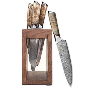 Kitchen Damascus Knife Set Japanese VG-10 Steel Knives Block Set Shadow Wood Handle for Chef Knife Set High Carbon Core Stainless Steel Full Tang Kitchen Knife Set with Block High End (8 Piece)