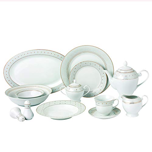 Lorren Home Trends Carlotta-57 57 Piece Silver Border Porcelain Dinnerware Set-Service for 8-Carlotta-Mix and Match, One Size, White