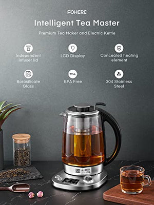 Electric Kettle, FOHERE Electric Tea Kettle with 9 Presets, 1.7 Liter Tea Maker with Removable Infuser, 140℉ to 212℉ Precise Temperature Control, 1200W, Borosilicate Glass | Stainless Steel