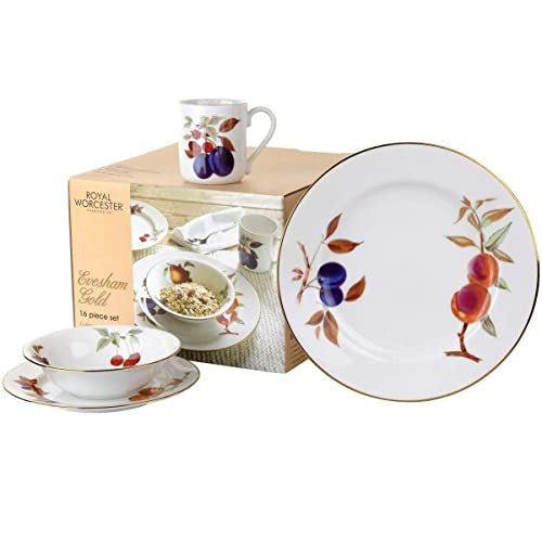 Royal Worcester Evesham Gold 16 Piece Dinnerware Set, Vibrant Fruit Motif Plates, Porcelain Dinner Plates, Service for 4