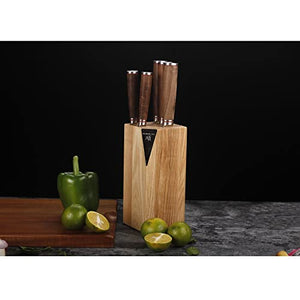 YOUSUNLONG Knife Block Sets 5pcs Kitchen Knives Set - Japanese Hammered Damascus Steel - Natural Fraxinus Americana Holder - Natural Walnut Wooden Handle with Gift Box