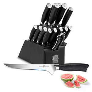 TUO 17pcs Knife Set With Block,Kitchen Knives Set,Knives Block Set With Knife Sharpener,German HC Steel Ergonomic Pakkawood Handle Gift Box Cutlery, Fiery Phoenix Series - Black